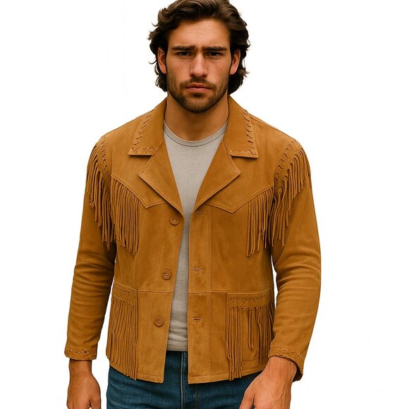 Men's Tan Suede Fringe Jacket - Picture 1 of 16